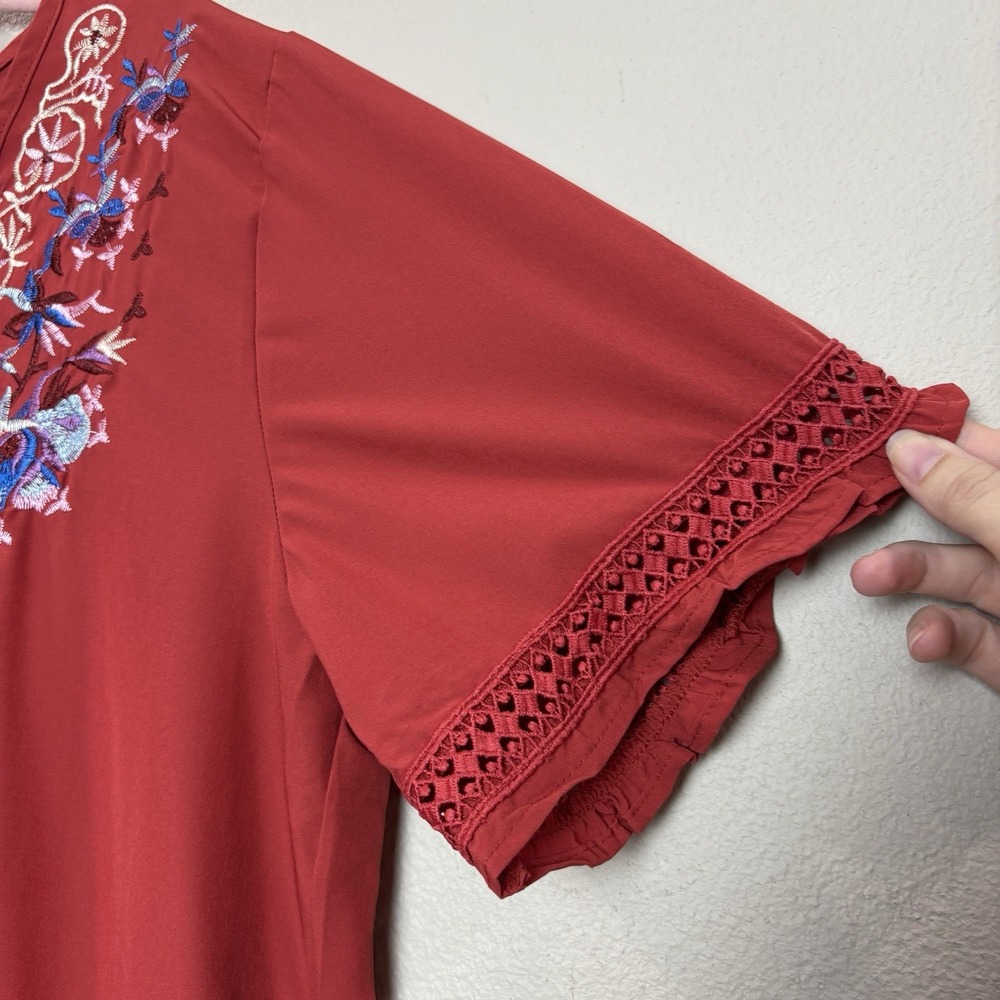 Misslook Floral Embroidered Flutter Sleeve V-Neck Blouse‎ Red/Orange Top 2XL - Picture 5 of 12